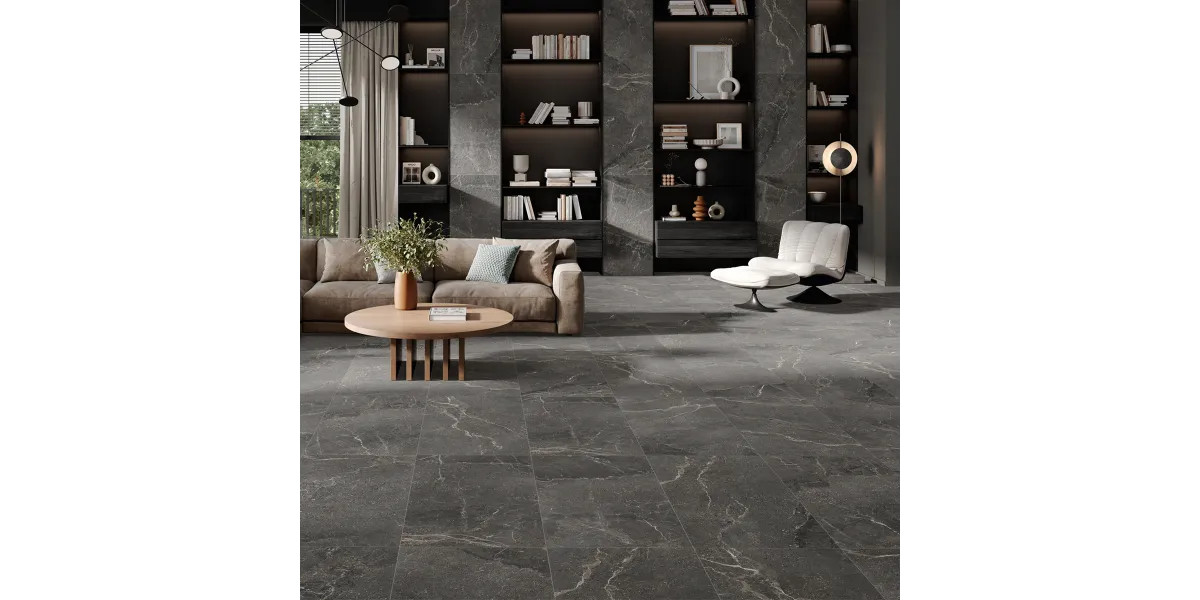 Carrelage sol effet pierre Toscana anthracite 60x120 cm - Réflex Boutique