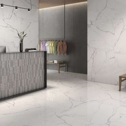 Carrelage sol et mur effet marbre poli brillant Crillon blanc grisé90x90 cm