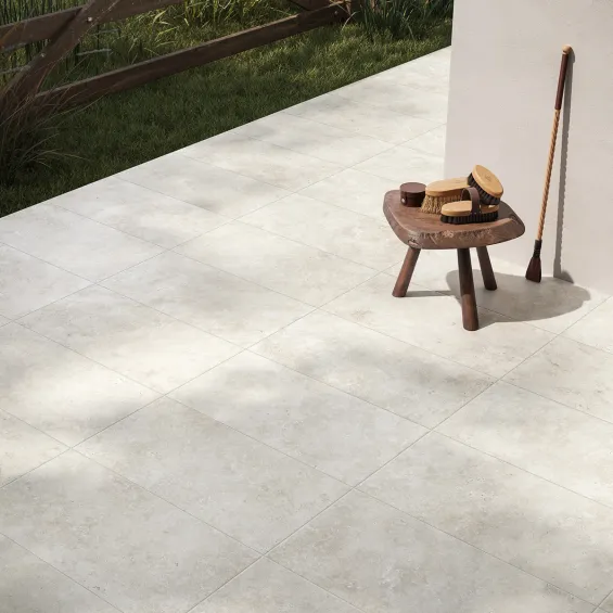  Carrelage sol extérieur effet pierre travertin Pomezia blanc R11 60x119,8 cm - Réflex Boutique