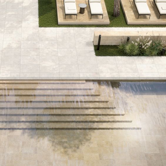 Carrelage sol extérieur effet pierre travertin Pianosa blanc grisé R10 60x120 cm