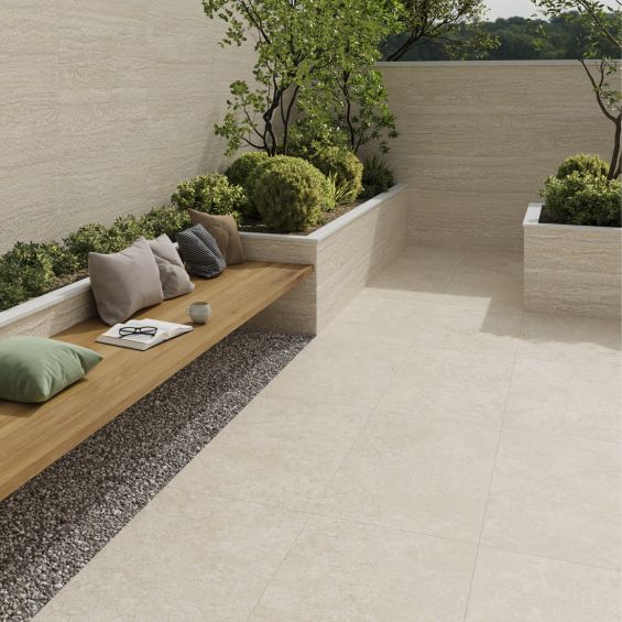 Carrelage sol extérieur effet pierre travertin Panarea ivoireR11 90x90 cm