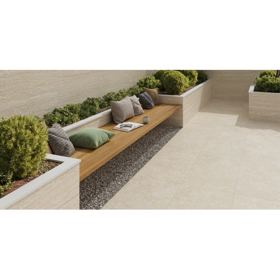 Carrelage sol extérieur effet pierre travertin Panarea ivoireR11 90x90 cm