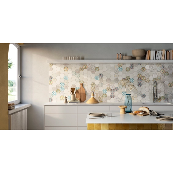 Carrelage sol hexagonal Acuarela blanc grisé 12,4x10,6 cm