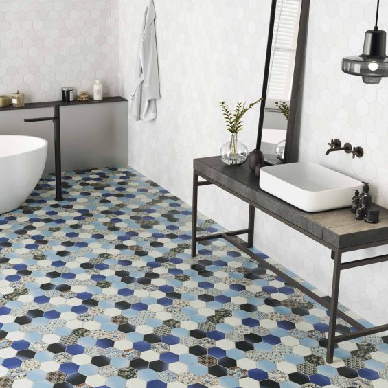 Carrelage Hexagonal sol et mur Havane bleu 26,5x51 cm