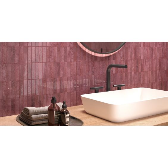 Carrelage mur effet zellige Riad bordeaux 10x30 cm