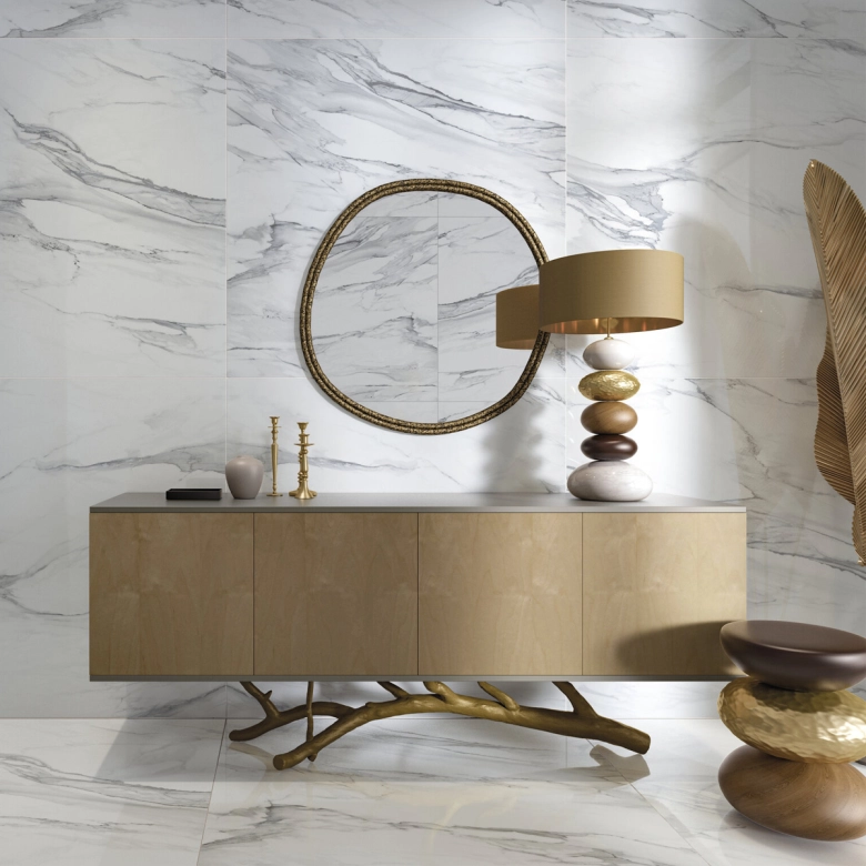 Carrelage sol et mur effet marbre brillant Kallos blanc grisé poli 30x60 cm