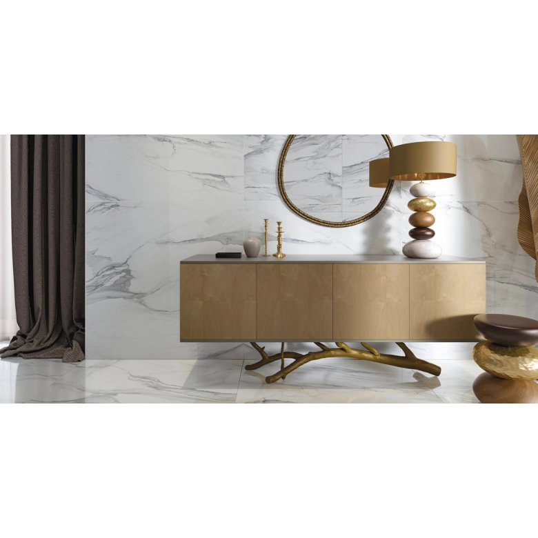 Carrelage sol et mur effet marbre brillant Kallos blanc grisé poli 60x60 cm