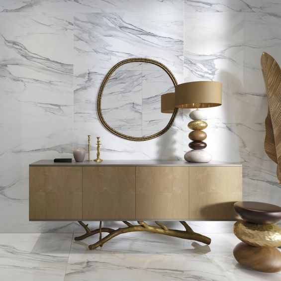 Carrelage sol et mur effet marbre brillant blanc grisé poli 120x120 cm