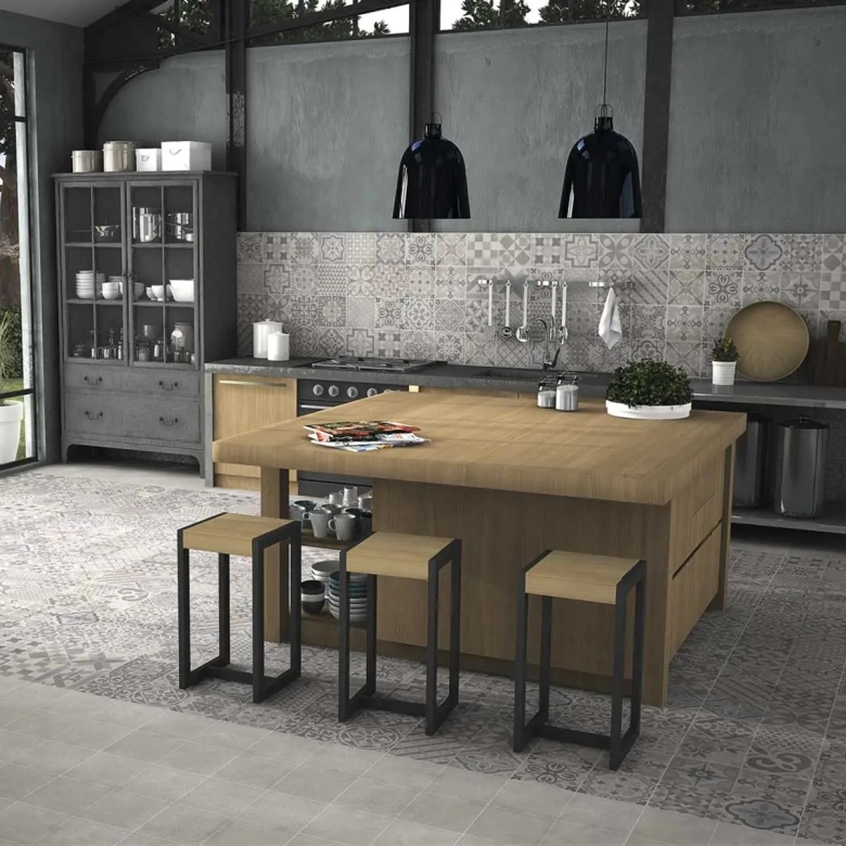 Carrelage sol effet carreaux de ciment Water déco Gris clair 44x44 cm