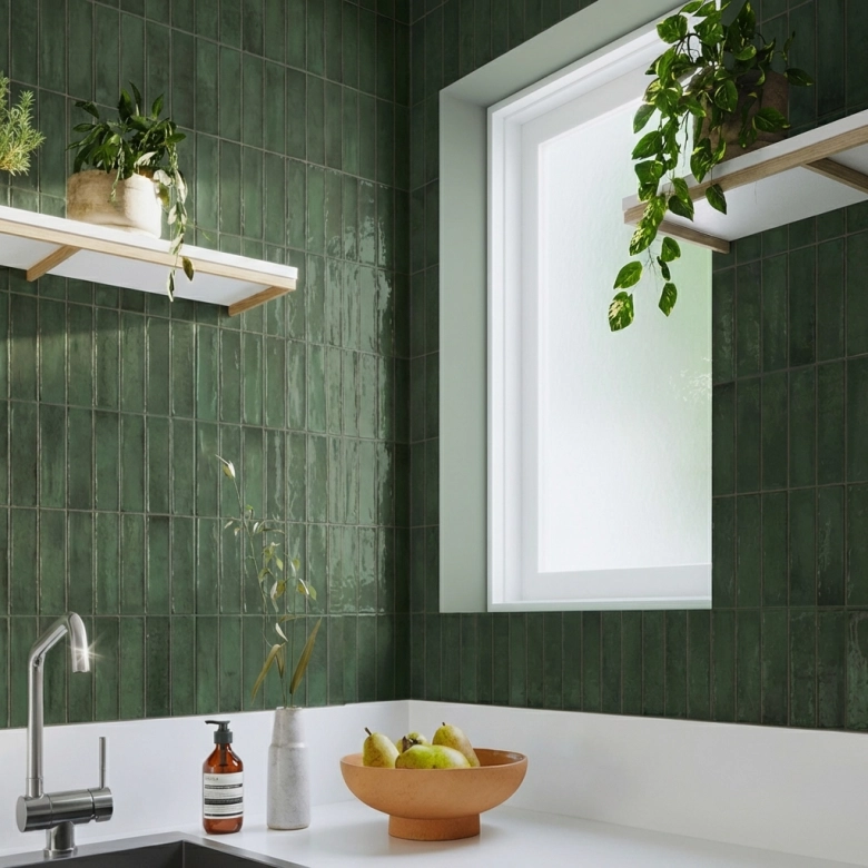 Carrelage mur effet zellige Zahara vert forêt 32x62,5 cm