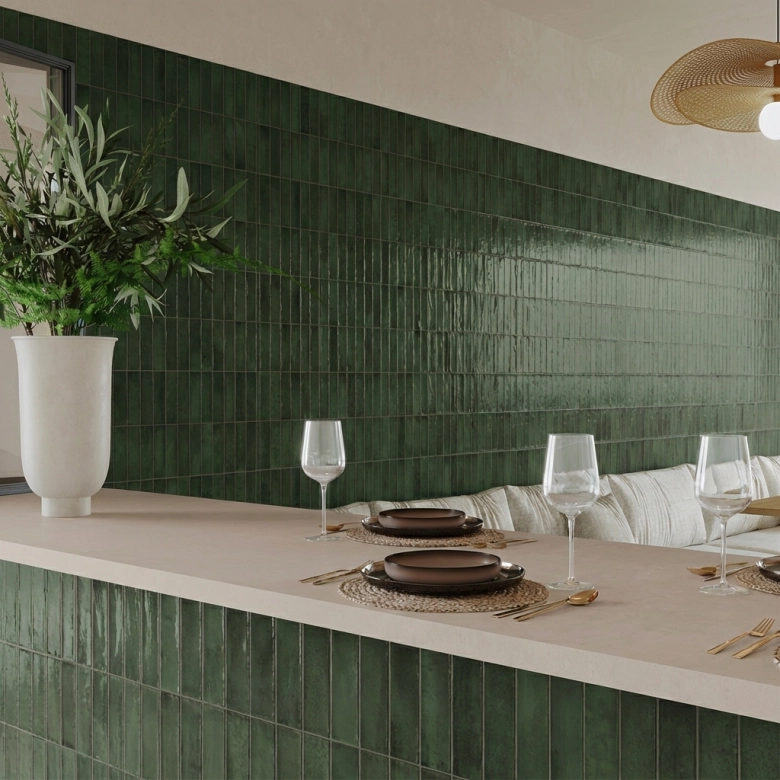 Carrelage mur effet zellige Zahara vert forêt 32x62,5 cm