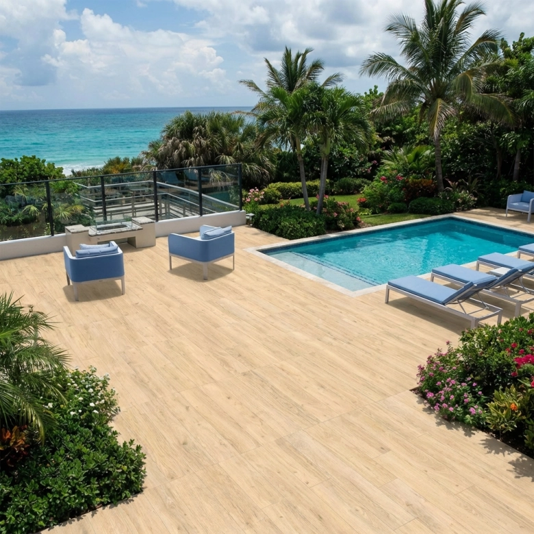 Carrelage sol extérieur effet bois Panggal beige R11 20x120 cm