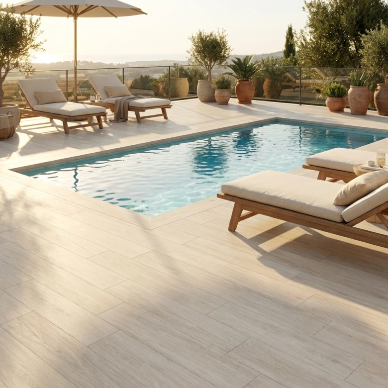 Carrelage sol extérieur effet bois Bilinga crème R11 20x120 cm