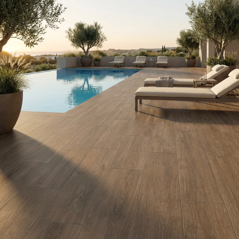 Carrelage sol extérieur effet bois Leccia brown R11 20*120 cm