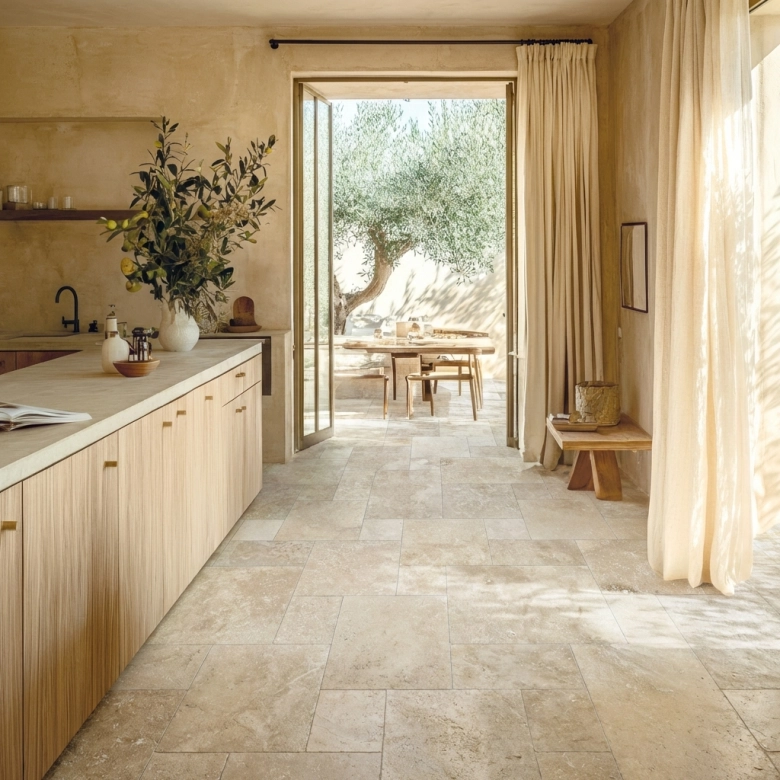 Carrelage sol extérieur effet pierre Travertin TravertiNova classic R11 multi-format