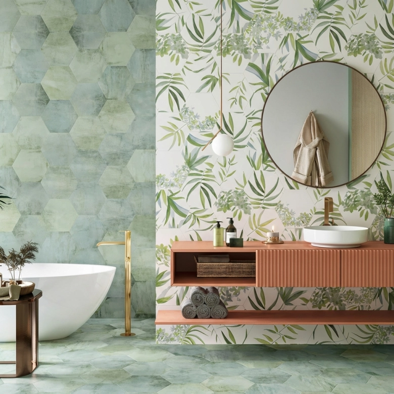 Carrelage sol hexagonal Spring vert bleuté 28.5x33 cm