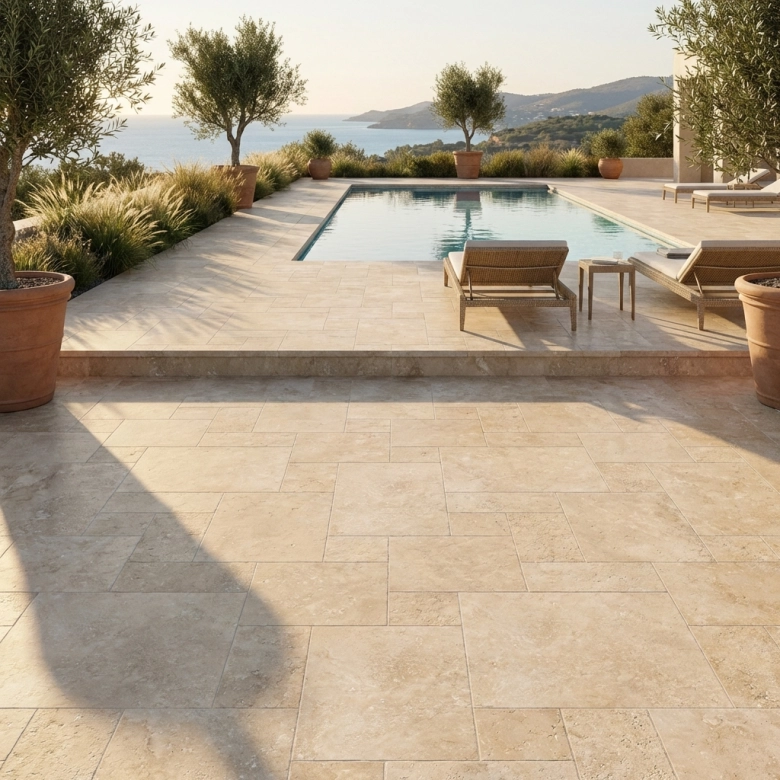 Carrelage sol extérieur effet pierre Etna travertin beige R11 multi-formats