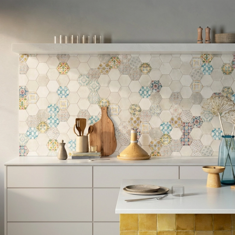 Carrelage sol hexagonal Acuarela blanc grisé 12,4x10,6 cm