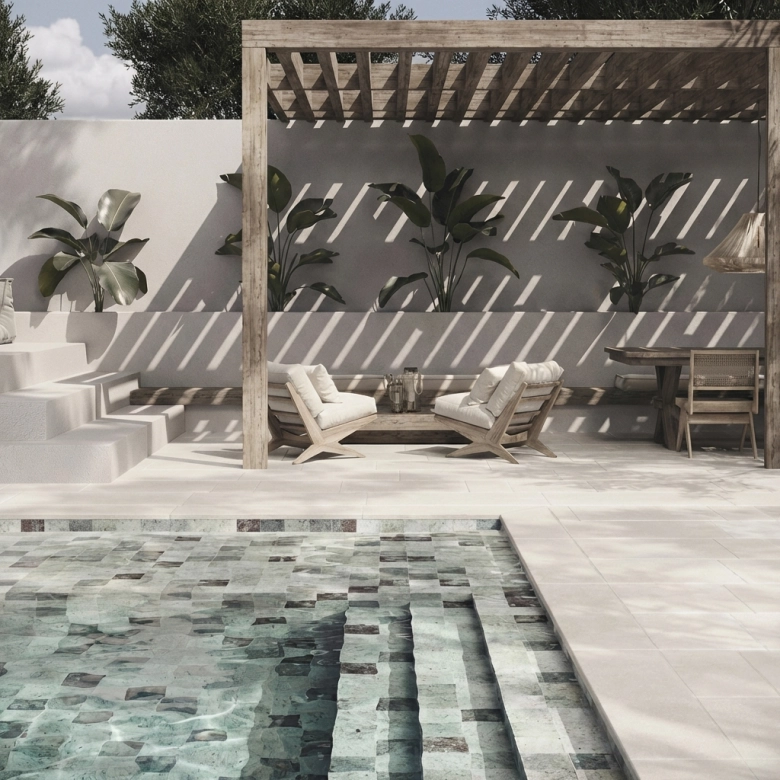 Carrelage sol extérieur effet pierre Calma blanc griséR11 30,2x60,4 cm