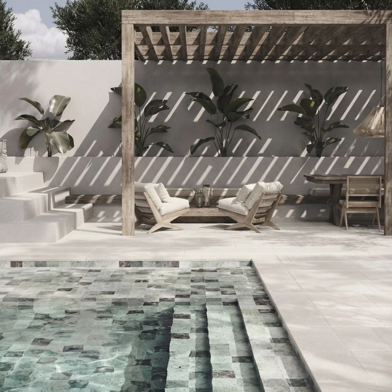 Carrelage sol extérieur effet pierre Calma blanc grisé R11 60,4x90,6 cm