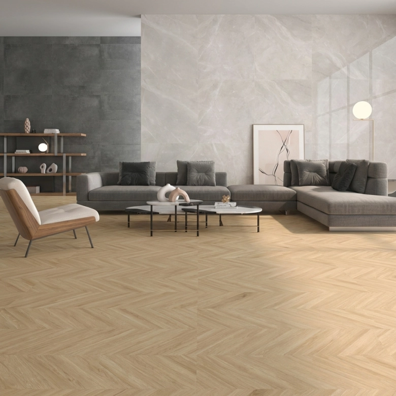 Carrelage sol imitation parquet Chevron sable 60x120 cm