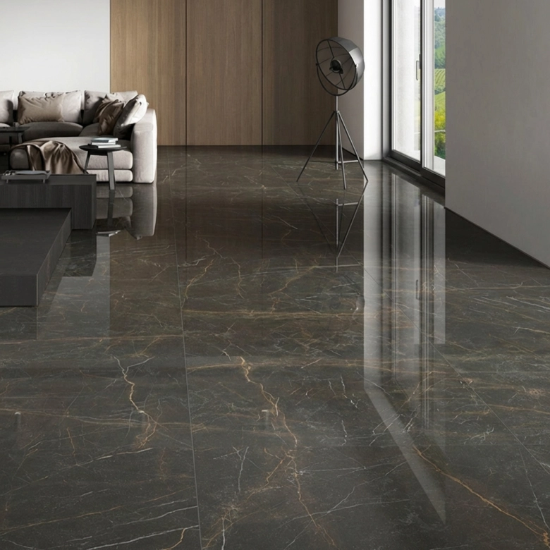 Carrelage sol poli effet marbre Novo Noir or 120120 cm