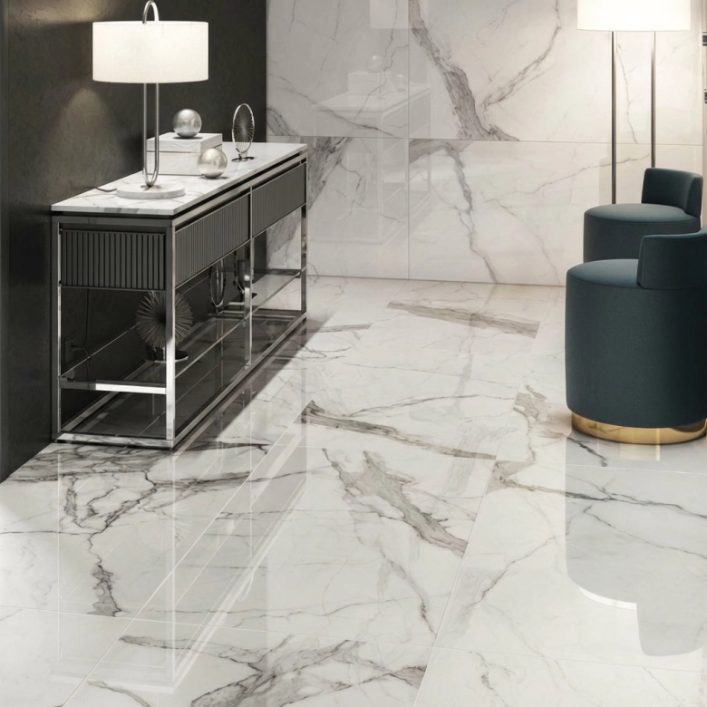 Carrelage sol et mur effet marbre brillant Hotel luxe poli 120*120 cm