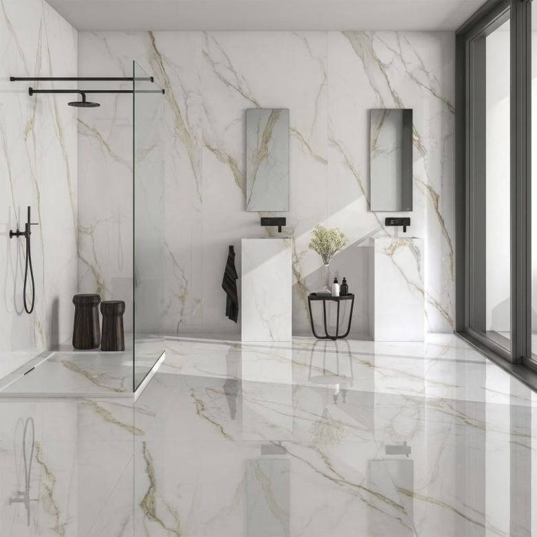 Carrelage sol et mur effet marbre brillant Hotel luxe Gold poli 120x260 cm