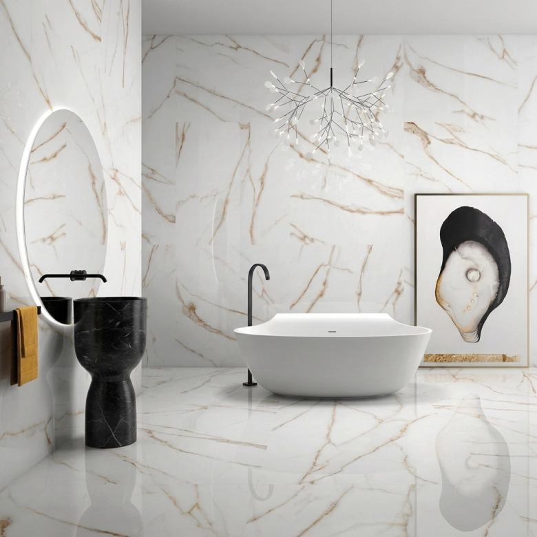 Carrelage sol et mur effet marbre poli brillant Crillon or 60x120 cm