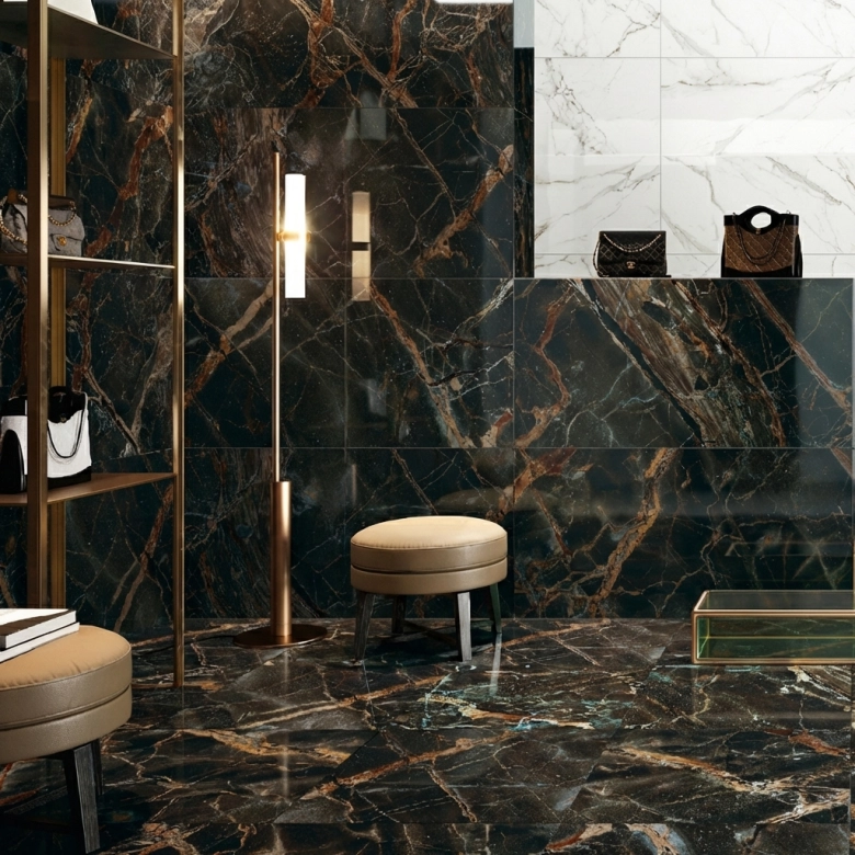 Carrelage sol et mur poli effet marbre Botticcino Caravaggio Gold 60120 cm