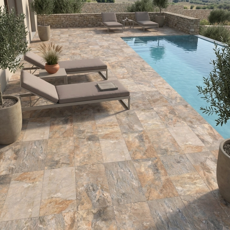 Carrelage sol extérieur effet pierre Thebes ocre R11 40,8x66,2 cm