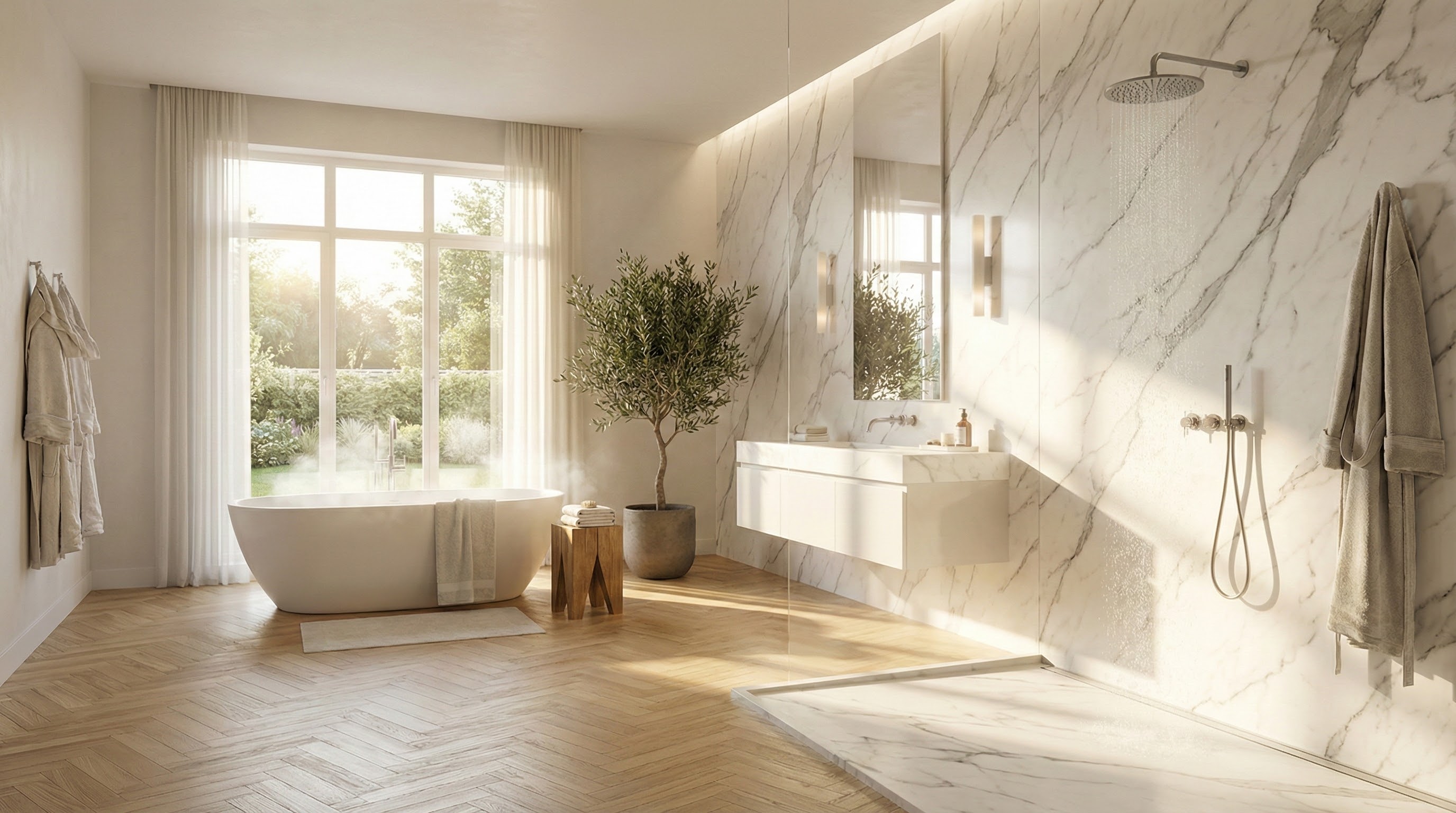 Salle de bain luxueuse avec sol effet parquet et murs en marbre blanc