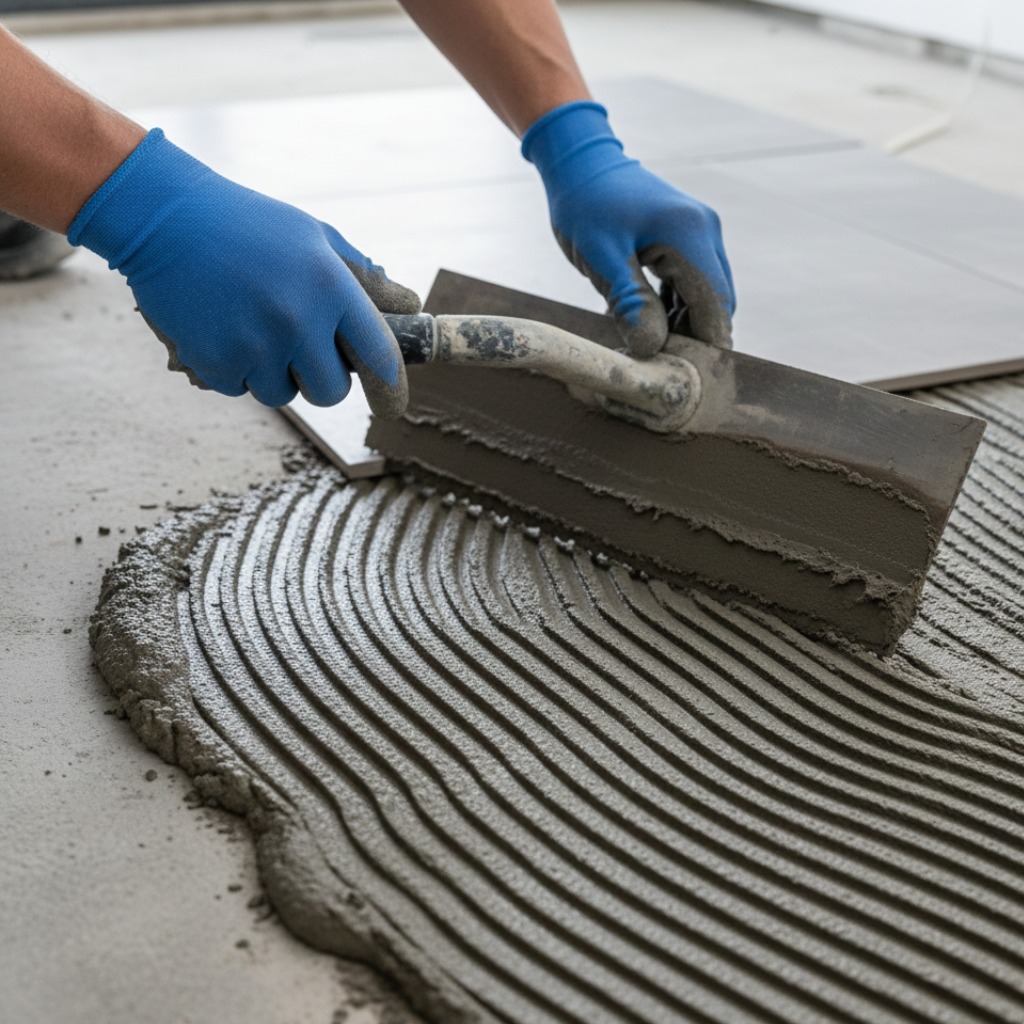 Application de la colle à carrelage avec spatule crantée sur sol
