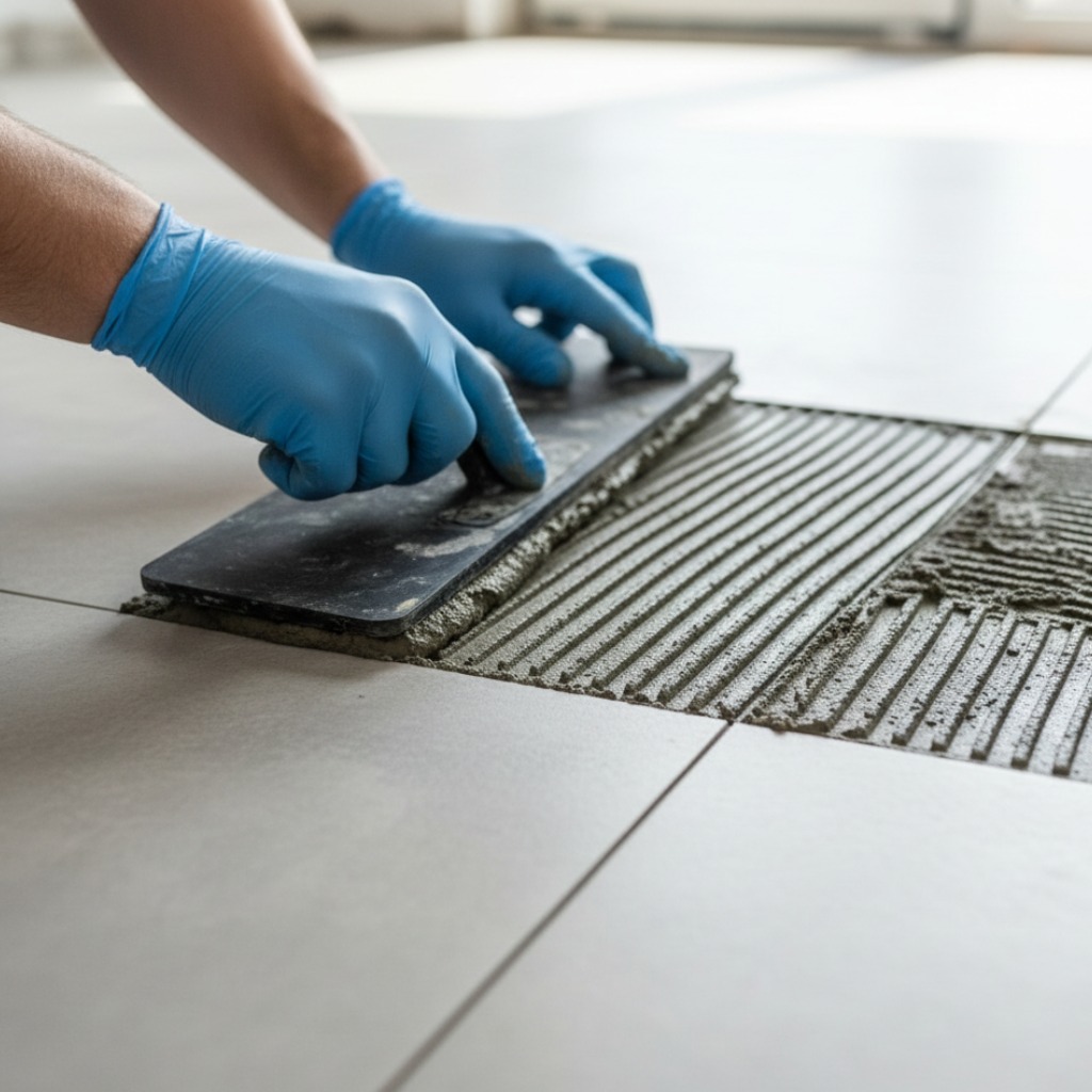 Application des joints de carrelage avec raclette professionnelle