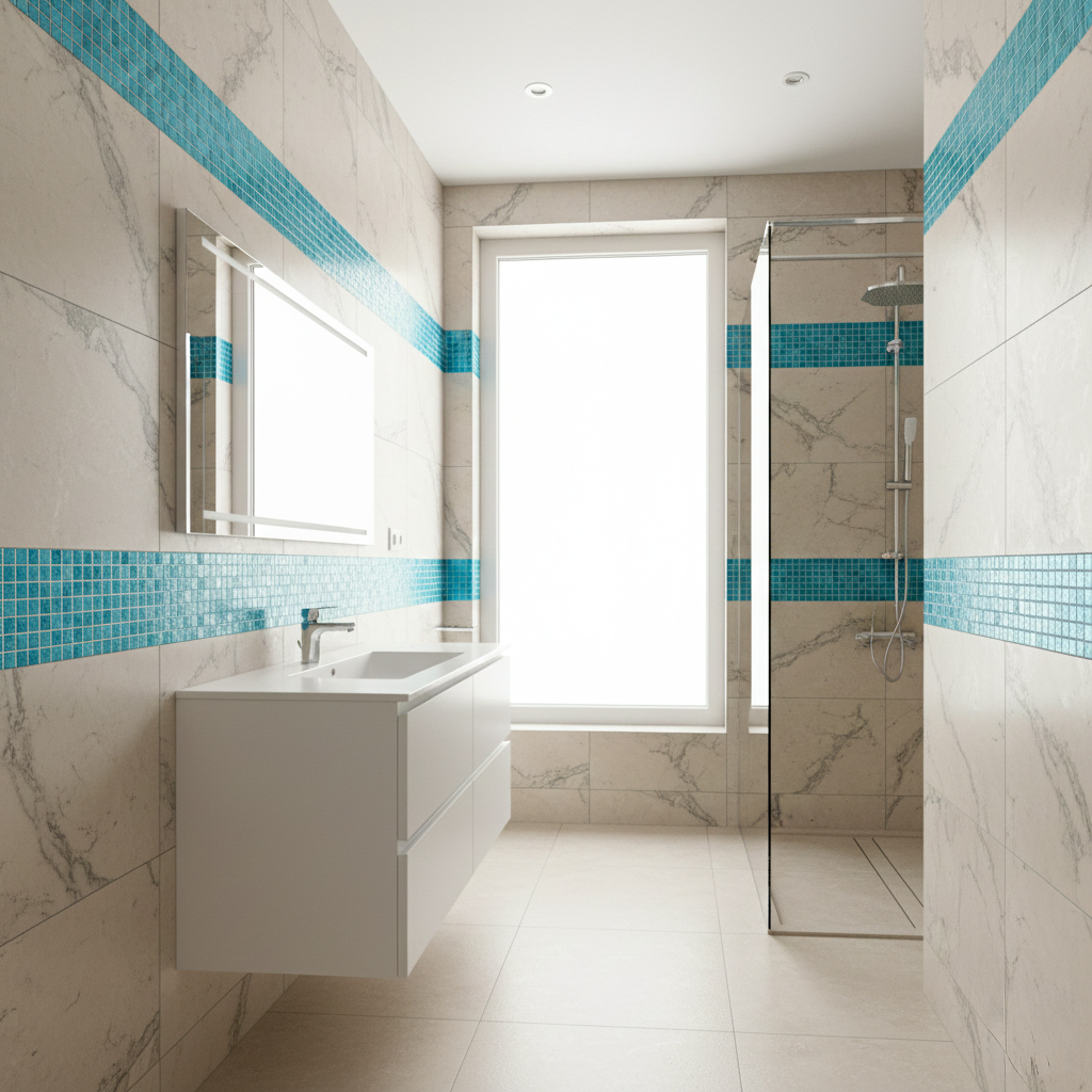 Salle de bain moderne avec association harmonieuse de deux carrelages différents