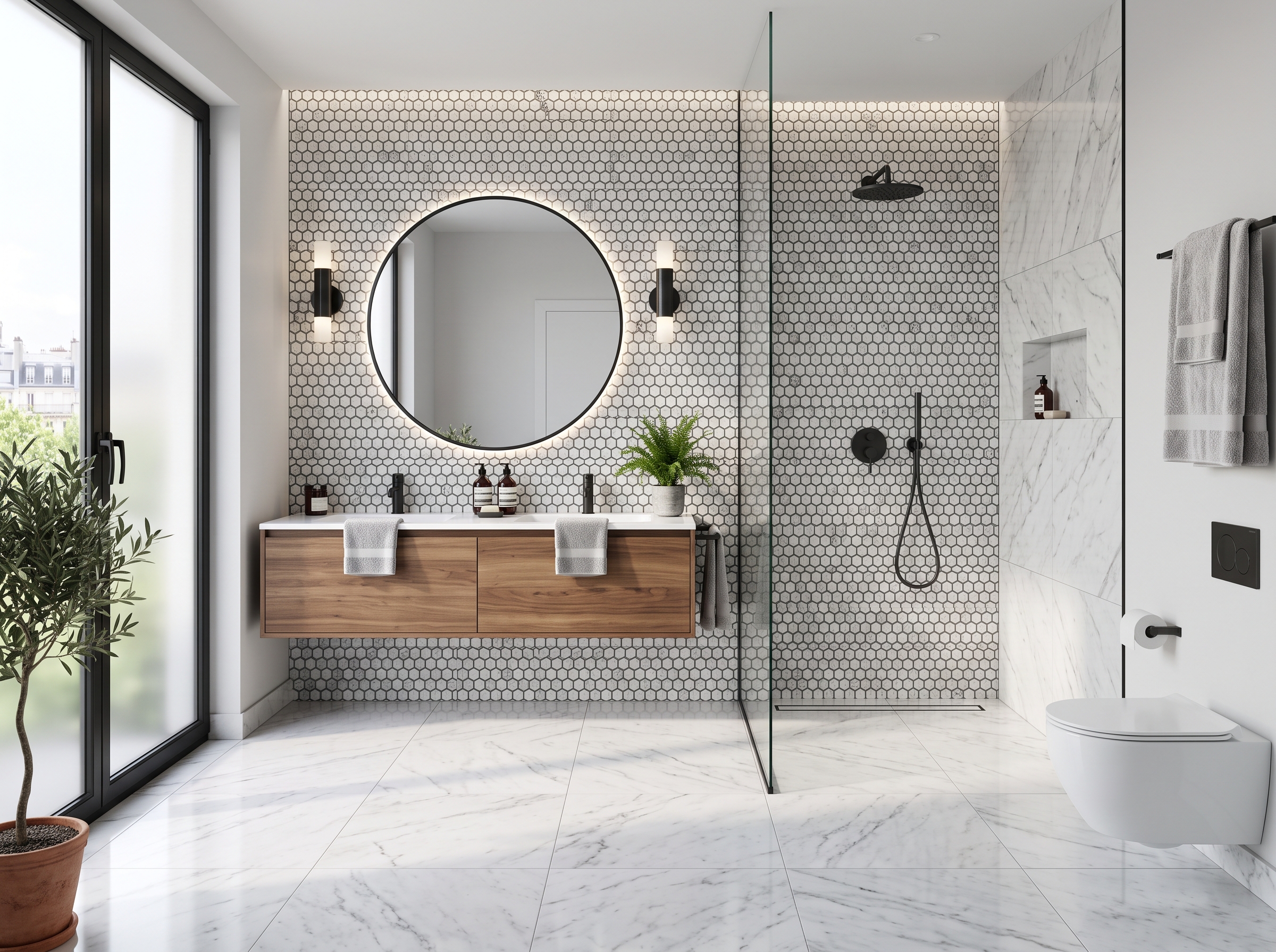 Association deux carrelages salle de bain grand format mosaïque contraste mat brillant design