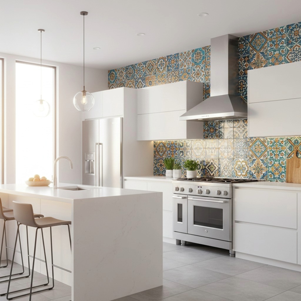 Cuisine contemporaine avec crédence en azulejos multicolores vifs