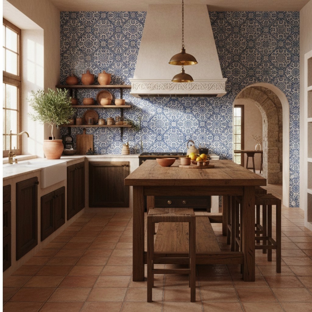 Mur décoré de carrelage azulejos bleu et blanc traditionnel dans une cuisine méditerranéenne