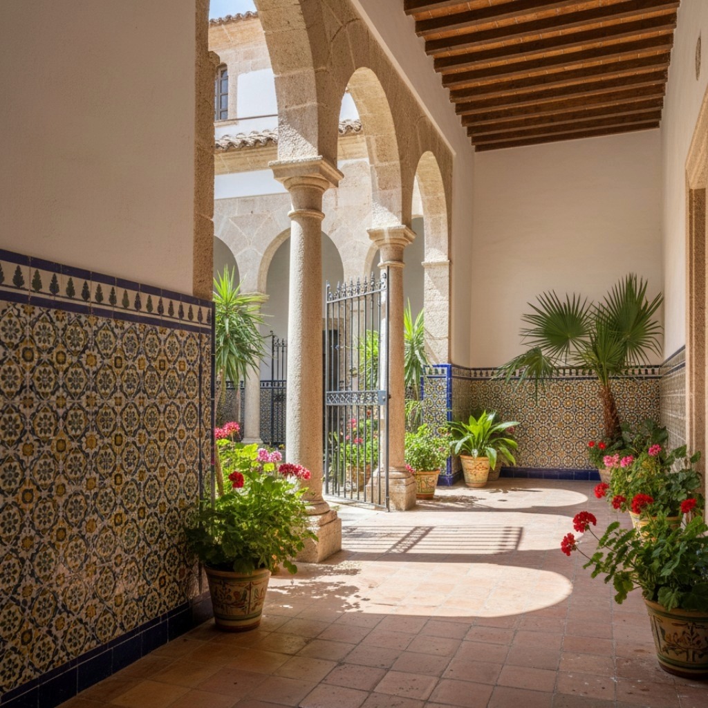 Patio andalou traditionnel décoré d'azulejos bleus et jaunes motifs géométriques