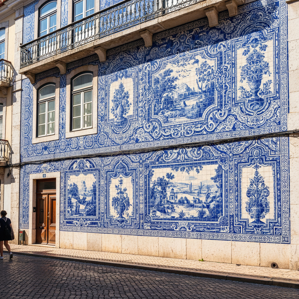 Magnifiques azulejos portugais traditionnels bleu et blanc ornant une façade historique