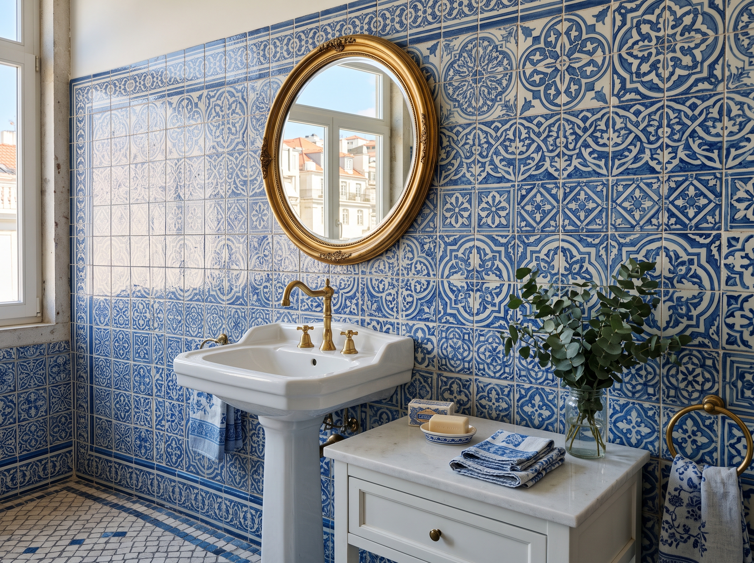 Azulejos portugais bleu blanc carrelage mural salle de bain motif géométrique Lisbonne