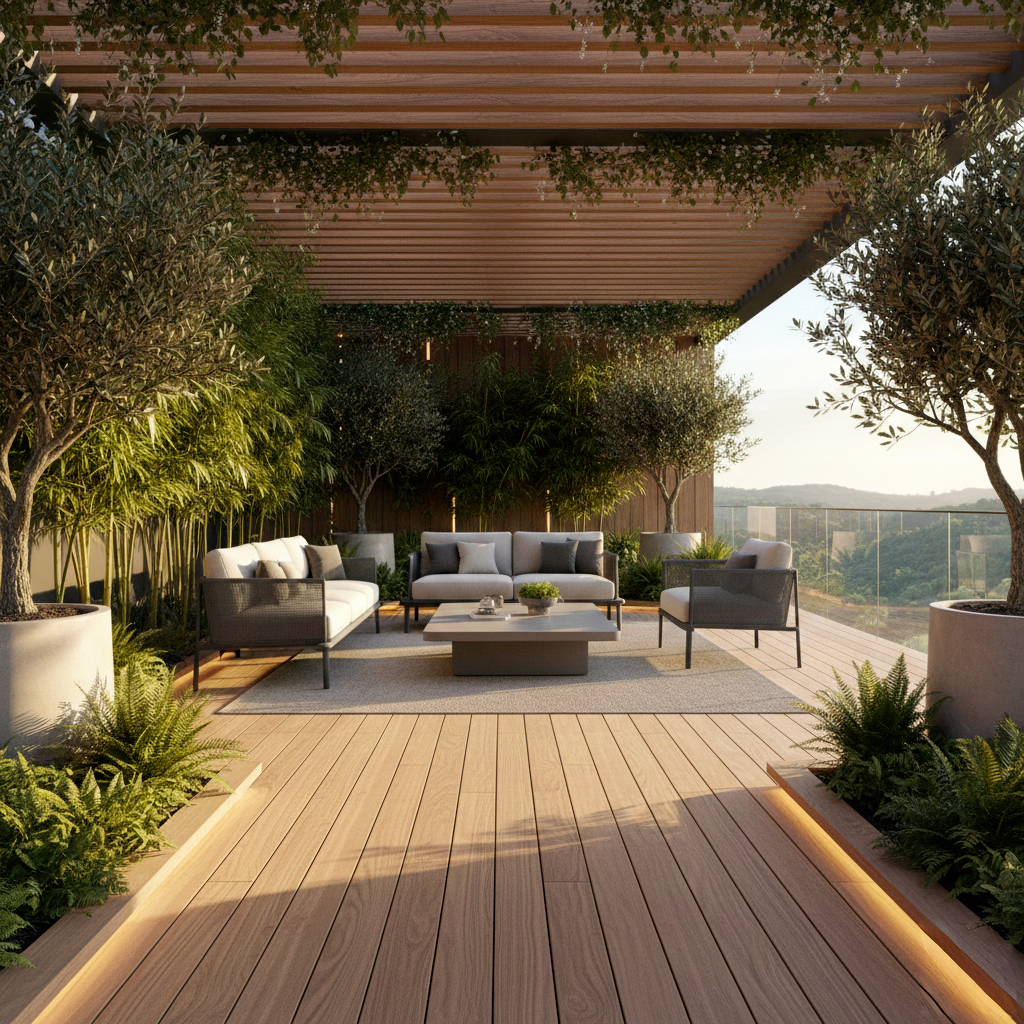 Terrasse bois extérieur naturel essence noble design moderne jardin