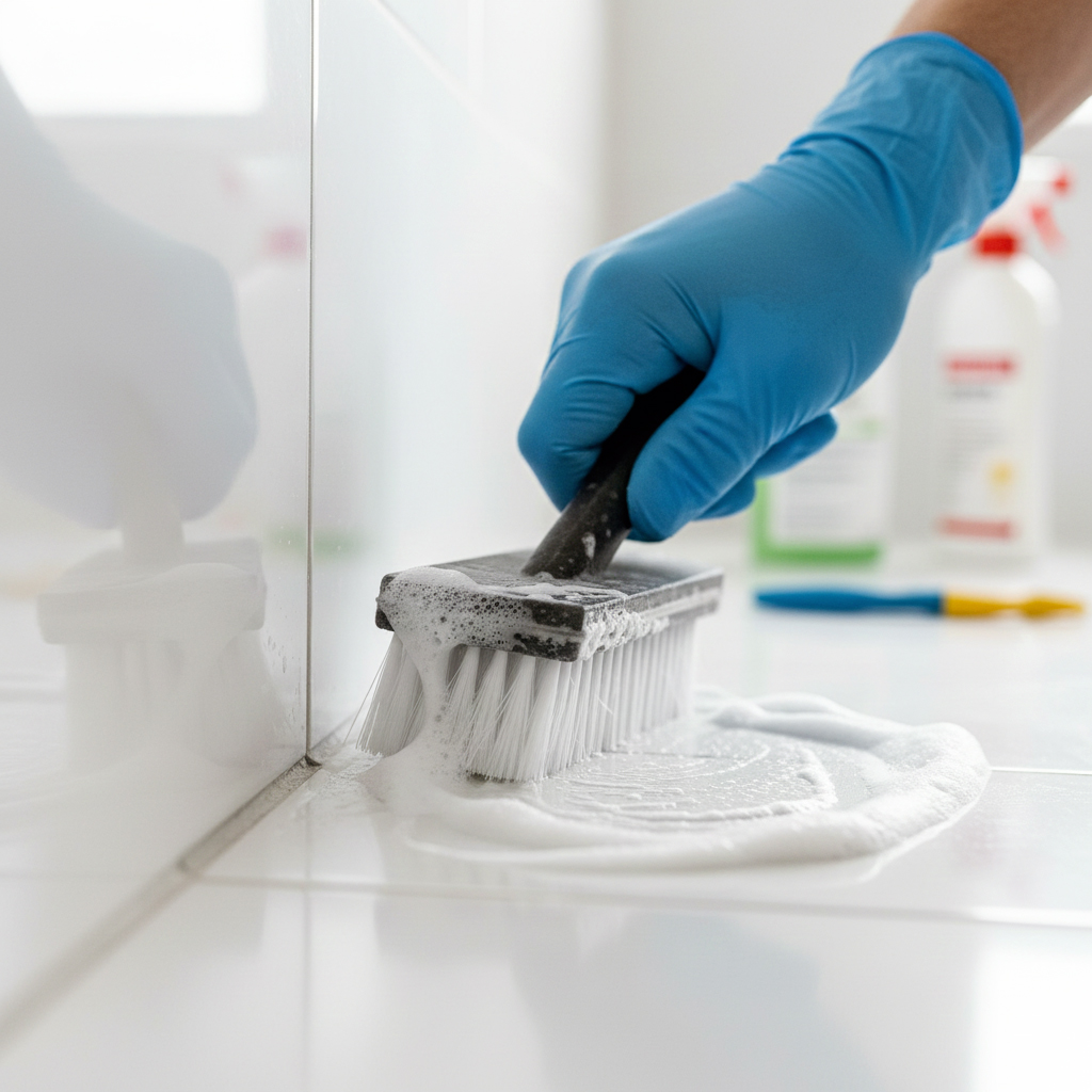 Brossage nettoyage joints carrelage avec brosse spéciale technique professionnelle