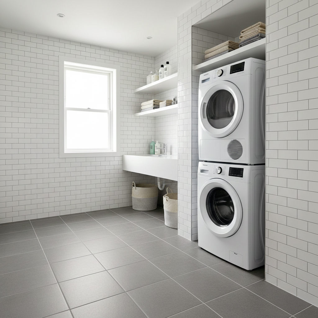 Buanderie complète avec carrelage sol et mur harmonisé