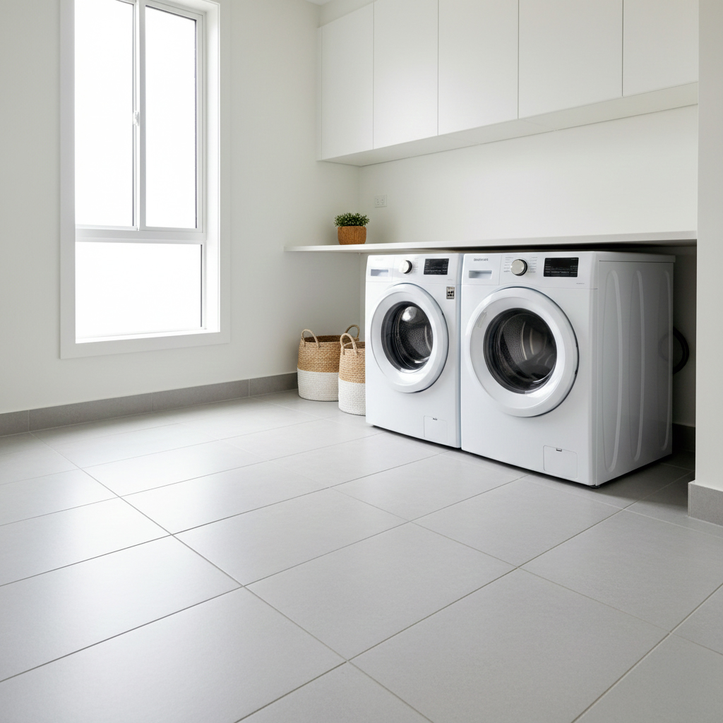 Buanderie moderne avec carrelage résistant et fonctionnel