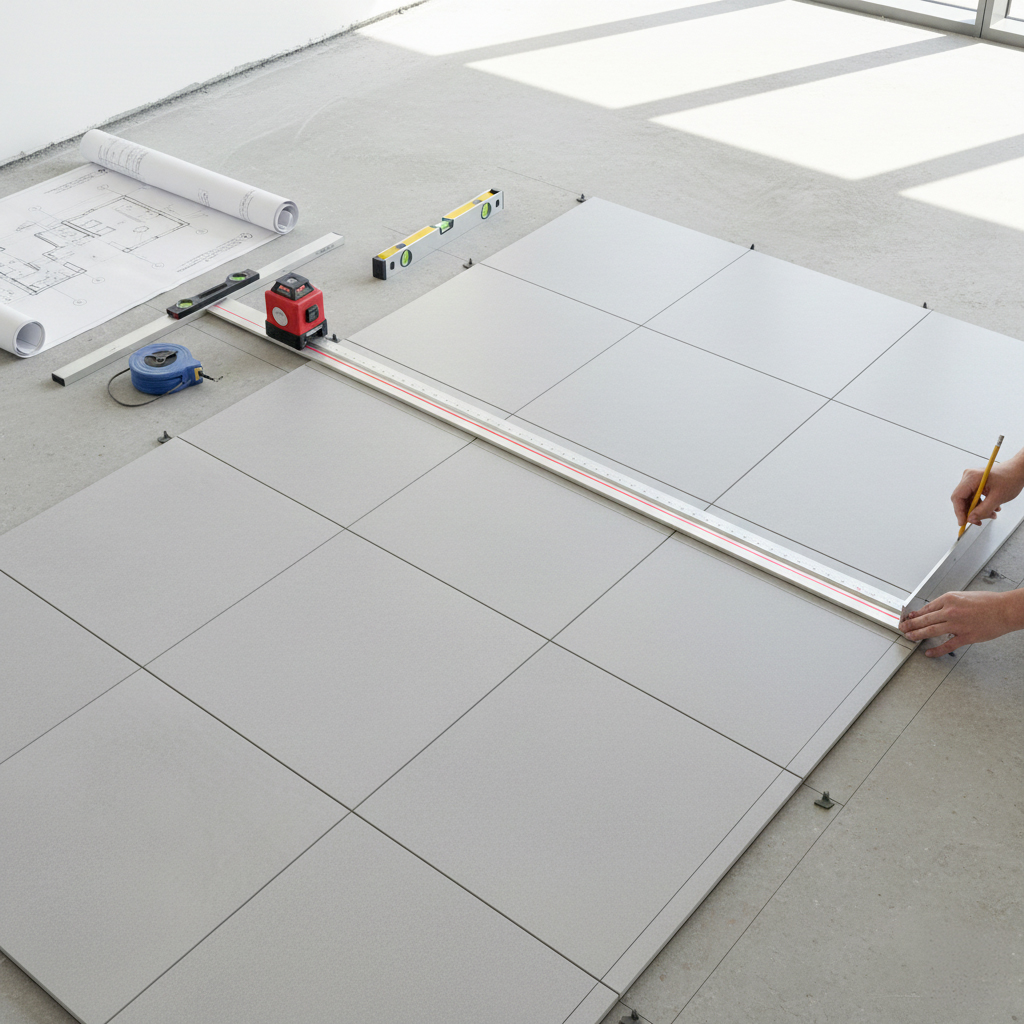 Plan calepinage carrelage professionnel avec outils mesure
