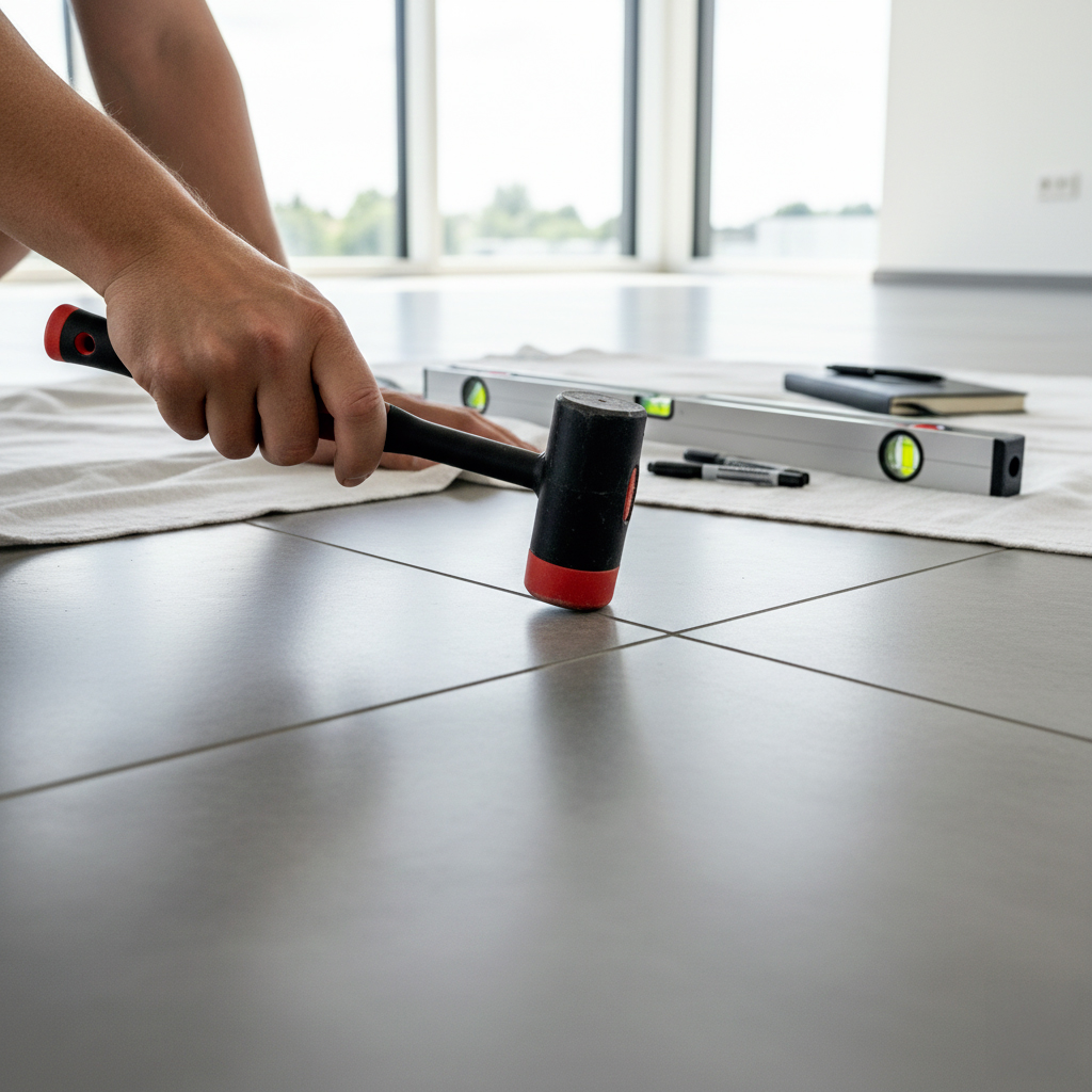 Diagnostic carreau sonne creux - test marteau Professionnel diagnostiquant un carrelage qui sonne creux avec marteau test