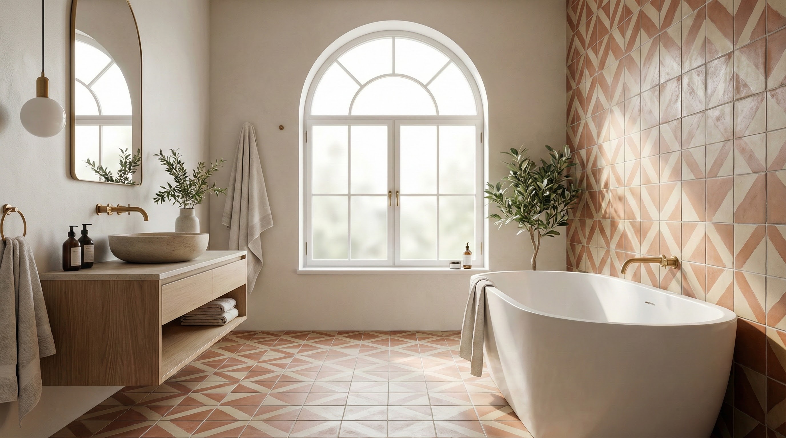 Carreaux de ciment authentiques motifs géométriques dans une salle de bain élégante