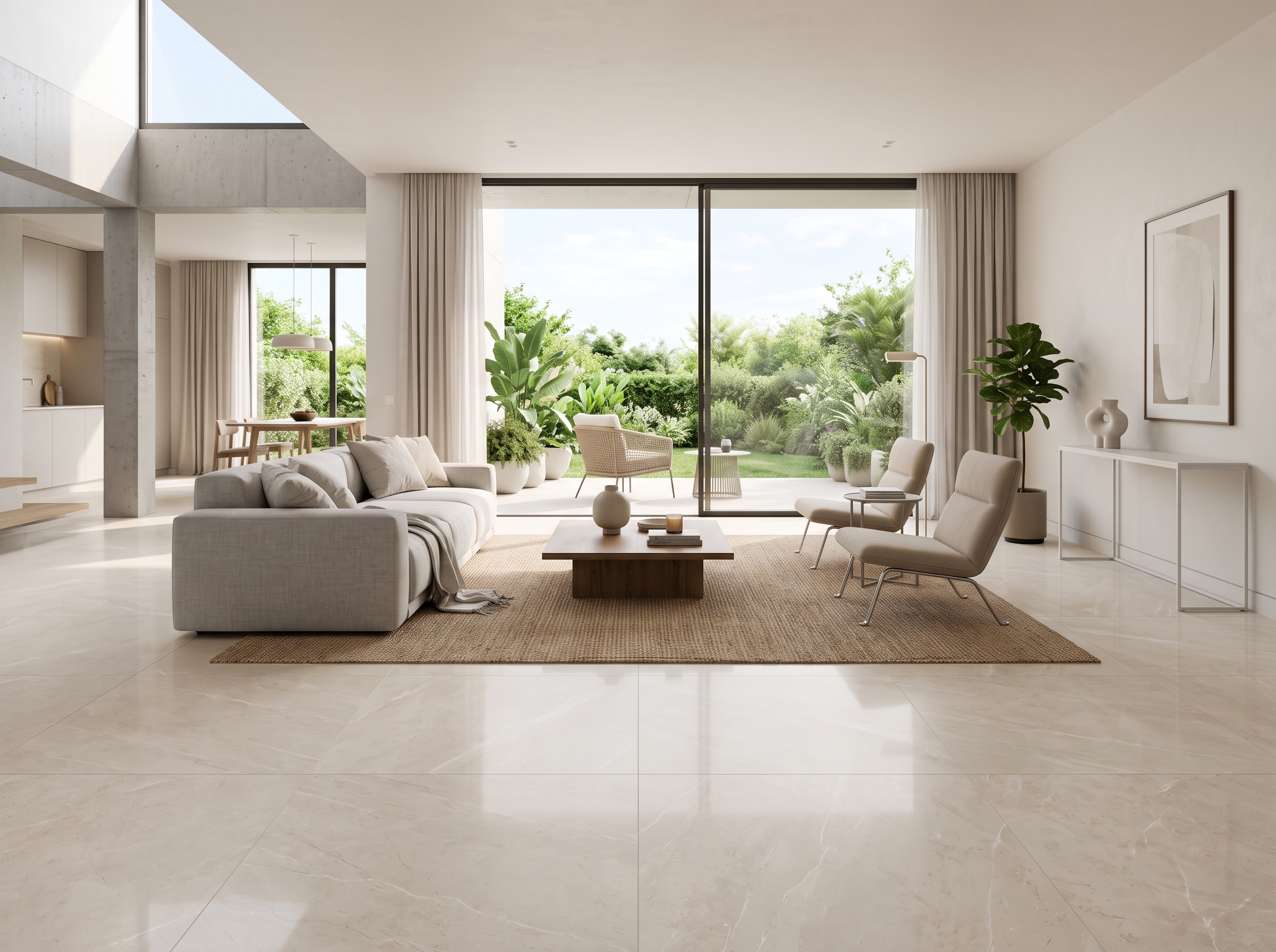 Carrelage grand format pour agrandir Séjour lumineux carrelage grand format clair joints fins impression espace agrandi