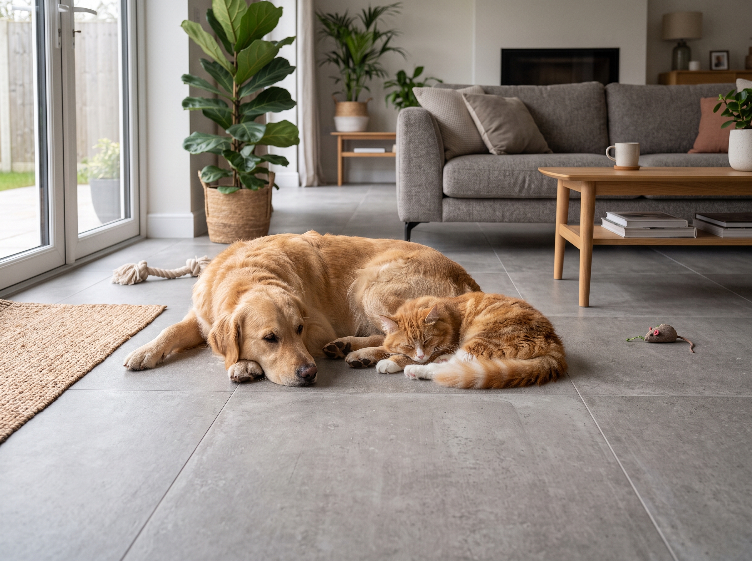 Carrelage résistant adapté aux animaux Chien et chat sur sol carrelage grès cérame résistant griffes facile entretien
